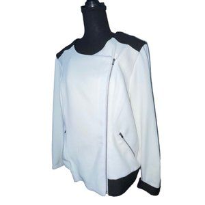 NY Collection Ivory Zip Front Jacket Women’s Colorblock Black Trim Banded Hem